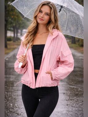 Double Zero Pink Lightweight Nylon Windbreaker Jacket Zip Up Cropped Drawstring.